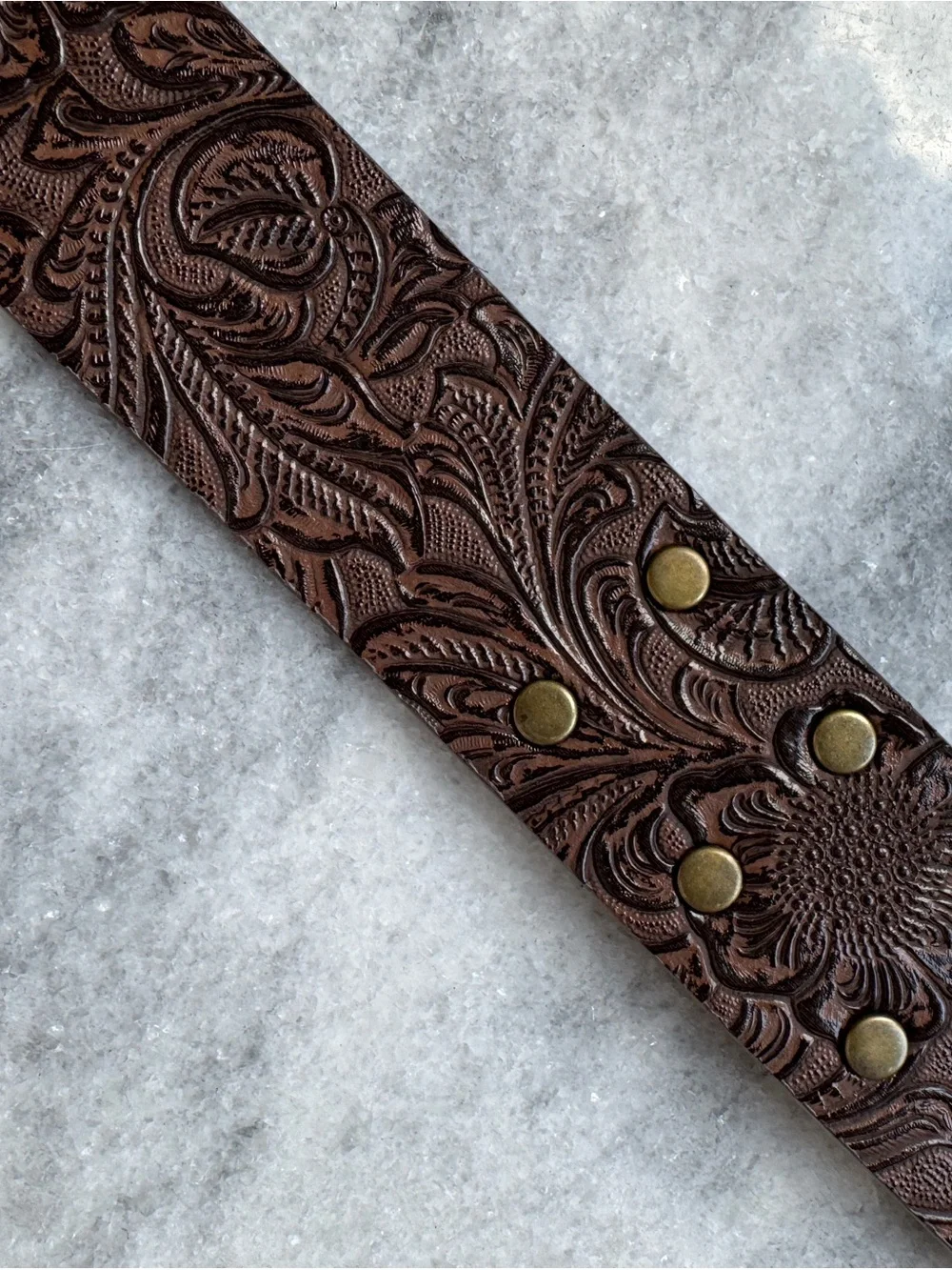 Western Tooled Brown Belt with Brass and Turquoise Buckle Accents